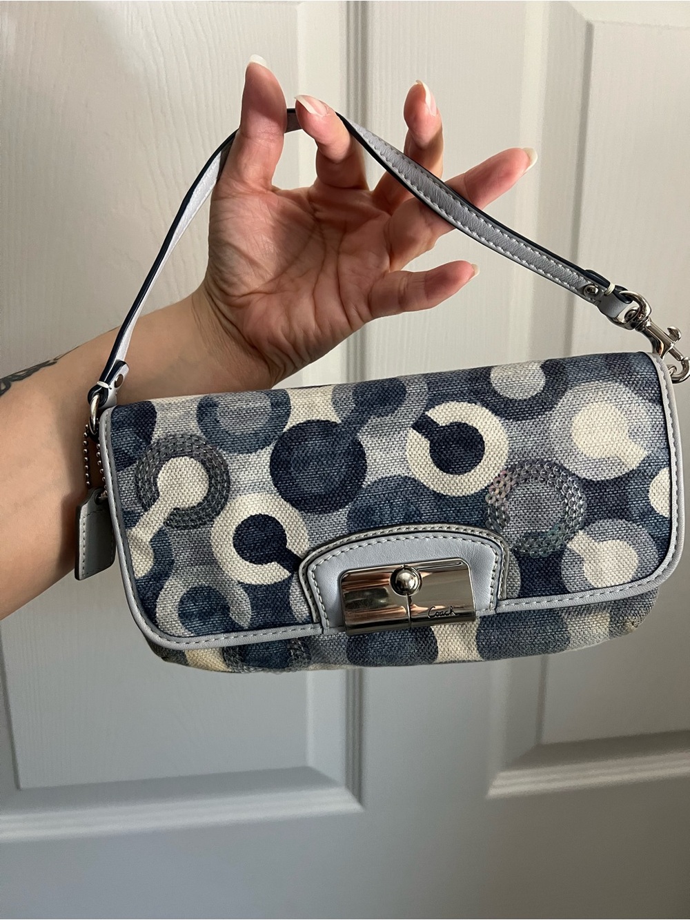 Coach Signature Circle Print Wristlet in Blue and Cream